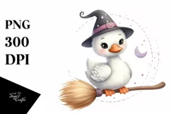 Cute Swan on Witch Broom Watercolor Clipart Product Image 1