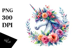Cute Unicorn with Floral Wreath PNG Product Image 1