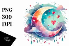 Very Simple Watercolor Moon with Hearts PNG Product Image 1
