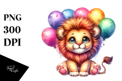 Vibrant Watercolor Baby Lion with Balloons, High-Res PNG Product Image 1