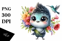 Watercolor Cute Baby Hummingbird Flower Product Image 1