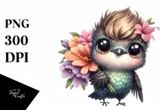 Watercolor Cute Baby Hummingbird Flower Product Image 3
