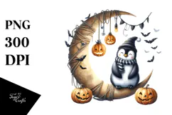 Halloween Penguin Sitting on Moon PNG Product Image 1