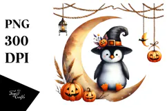Halloween Penguin Sitting on Moon PNG Product Image 1