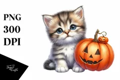 Cute Baby Kitten Sitting with Halloween Pumpkin, PNG Product Image 1