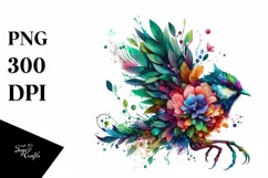 Vibrant Watercolor Bird with Plant Leaves and Flowers, PNG Product Image 3