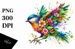 Vibrant Watercolor Bird with Plant Leaves and Flowers, PNG Product Image 1