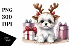 Baby Maltese with Reindeer Horns PNG Product Image 1