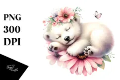 Sleeping Baby Polar Bear on Flower PNG Product Image 1