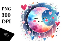 Simple Moon with Hearts in Watercolor PNG Product Image 1