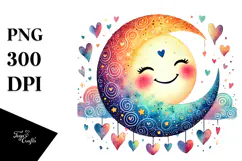 Simple Moon with Hearts in Watercolor PNG Product Image 1