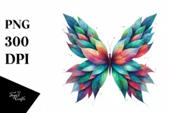 Abstract Vibrant Watercolor Butterfly with Plant Leaves, PNG Product Image 1
