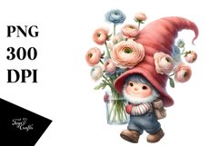 Watercolor Baby Gnome with Ranunculus, PNG Product Image 1