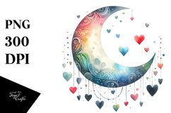 Simple Watercolor Half Moon with Hearts PNG Product Image 1