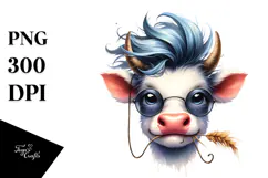 Watercolor Funny Cow with Hay Straw Product Image 1