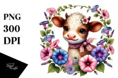 Cute Smiling Highland Cow with Morning Glory Frame PNG Product Image 1