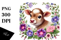 Cute Baby Highland Cow with Morning Glory PNG Product Image 1