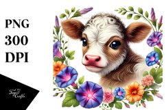 Cute Smiling Highland Cow with Morning Glory Frame PNG Product Image 1
