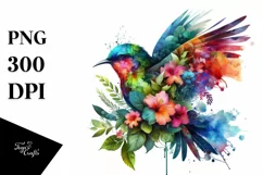 Vibrant Watercolor Bird with Plant Leaves and Flowers, PNG Product Image 1