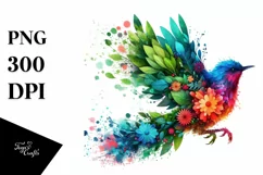 Vibrant Watercolor Bird with Plant Leaves and Flowers, PNG Product Image 1