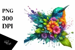 Vibrant Watercolor Bird with Plant Leaves and Flowers, PNG Product Image 3