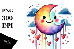 Smiling Moon with Hearts in Watercolor PNG Product Image 1