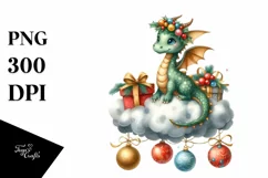 Watercolor Cute Dragon with Christmas Ornaments PNG Product Image 1