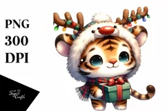 Enthusiastic Baby Tiger with Gift Box PNG Product Image 1