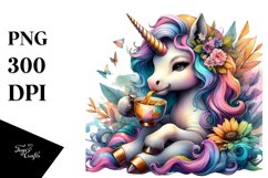 Watercolor Baby Unicorn Sipping Tea PNG Product Image 1