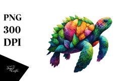 Vibrant Watercolor Turtle with Plant Leaves, PNG Product Image 1