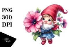 Watercolor Small Gnome with Petunia PNG Product Image 1