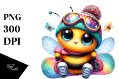 Cute Baby Bee Wearing a Snowboard PNG Product Image 1