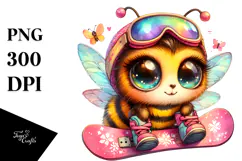 Vibrant Watercolor Baby Bee with Snowboard, High-Res PNG Product Image 1