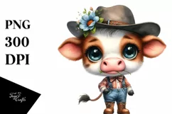 Watercolor Baby Cow Big Eyes Hat Boots Flower Product Image 1