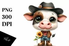 Watercolor Cow Big Eyes Hat Boots Flower Product Image 1