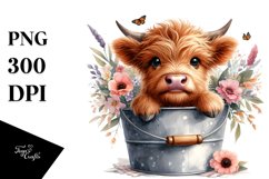 Cute Baby Highland Cow with Wooden Bucket PNG Product Image 3