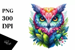 Abstract Vibrant Watercolor Owl with Plant Leaves, PNG Product Image 3