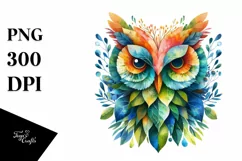 Abstract Vibrant Watercolor Owl with Plant Leaves, PNG Product Image 3