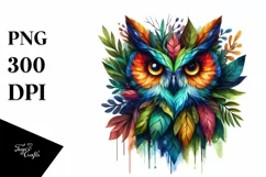 Abstract Vibrant Watercolor Owl with Plant Leaves, PNG Product Image 1