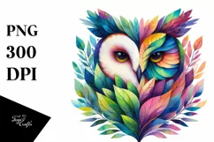 Abstract Vibrant Watercolor Owl with Plant Leaves, PNG Product Image 3