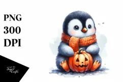 Cute Baby Penguin Sitting with Halloween Pumpkin, PNG Product Image 3