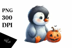 Cute Baby Penguin Sitting with Halloween Pumpkin, PNG Product Image 3
