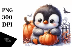 Cute Baby Penguin Sitting with Halloween Pumpkin, PNG Product Image 3