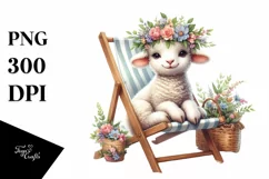 Young Lamb on Beach Chair Watercolor Clipart Product Image 3