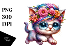 Cool Baby Cat with Floral Wreath Watercolor Drawing Product Image 1