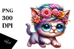 Cool Baby Cat with Floral Wreath Watercolor Drawing Product Image 1