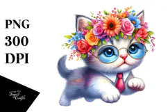 Cool Baby Cat with Floral Wreath Watercolor Drawing Product Image 1