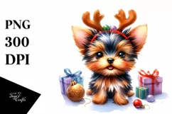 Baby Yorkshire Terrier with Reindeer Horns PNG Product Image 3