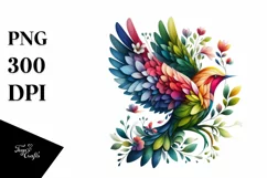 Vibrant Watercolor Bird with Plant Leaves and Flowers, PNG Product Image 3