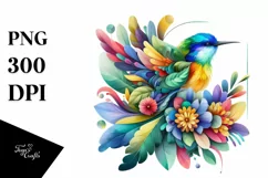 Vibrant Watercolor Bird with Plant Leaves and Flowers, PNG Product Image 3